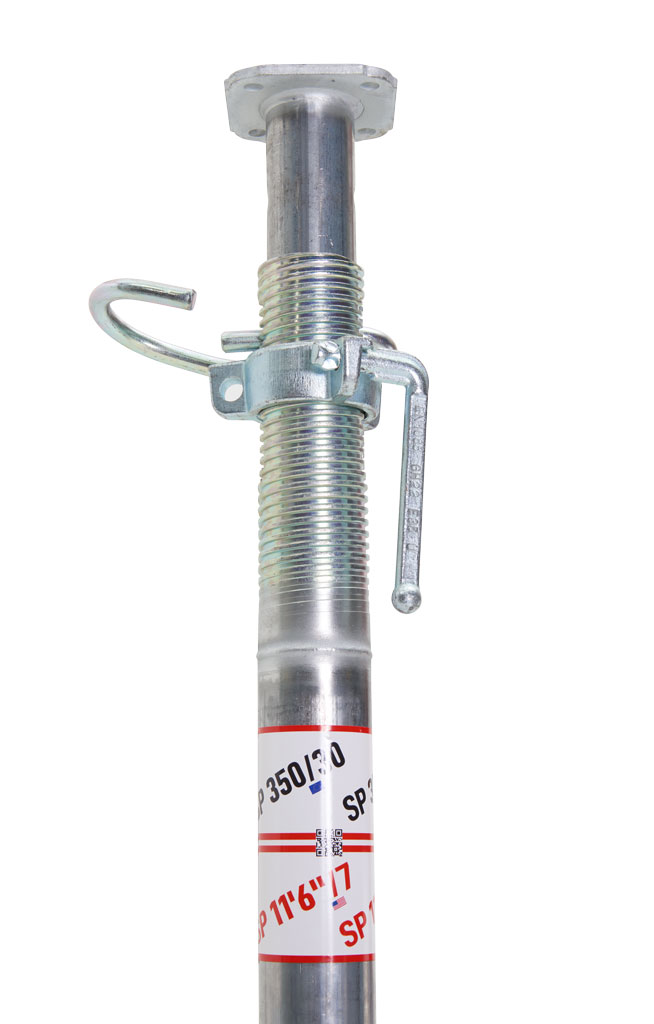A steel adjustable shoring post with a screw jack mechanism, commonly used in construction formwork systems, showing a pin and a hook for securing height adjustments.