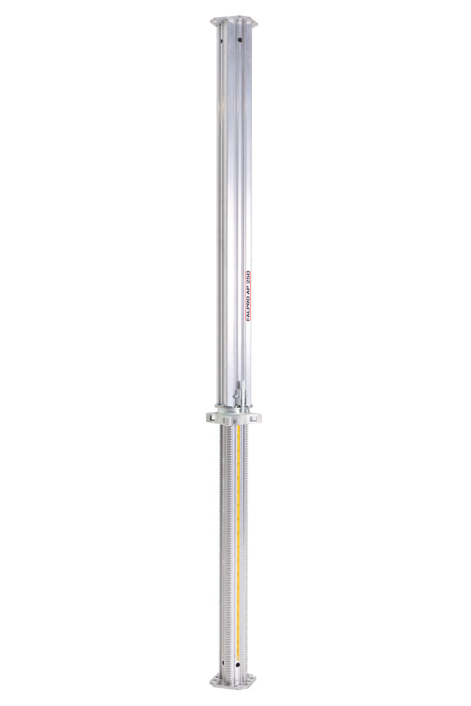 A vertical metallic linear actuator with a lead screw mechanism and mounting plates at each end, perfect for precision in construction systems.