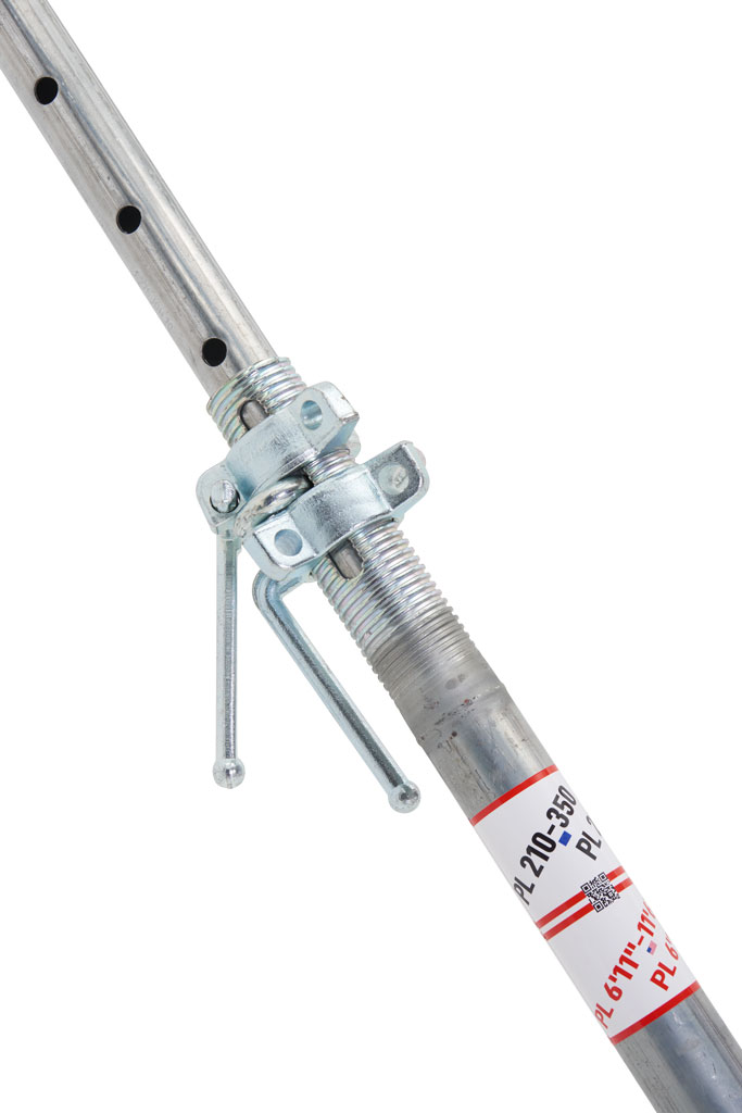 Close-up of an adjustable metal pole with a threaded section and locking mechanism, featuring multiple holes for height adjustment, commonly used in Formwork Systems.