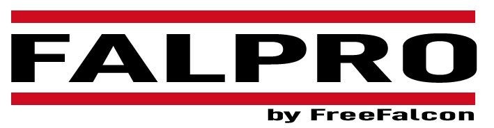 The image shows the word "FALPRO" in large black letters with red bars above and below, and "by FreeFalcon" in smaller text at the bottom right.