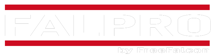 The image displays the word "FALPRO" in large white capital letters, bordered by thick red horizontal lines—resembling a bold website footer—with "by FreeFalcon" in smaller text at the bottom right.